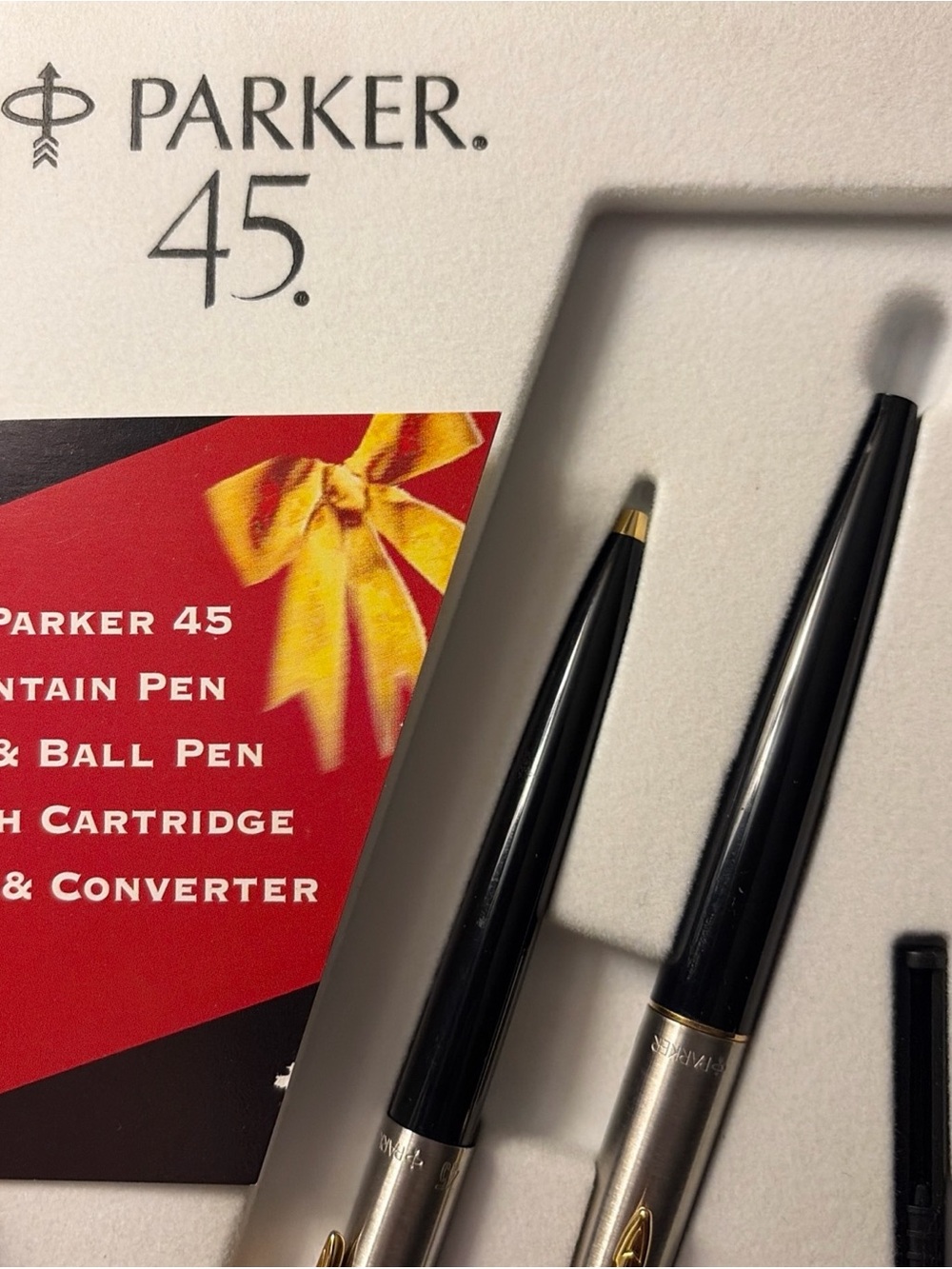 Parker 45 Fountain Pen and Ballpoint Pen Set Vintage Black Silver Gold Tone NEW